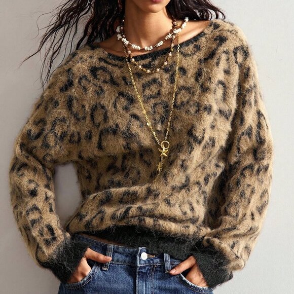 Casual Women's Boho leopard print Loose Long Sleeve Sweater top - Picture 4 of 7